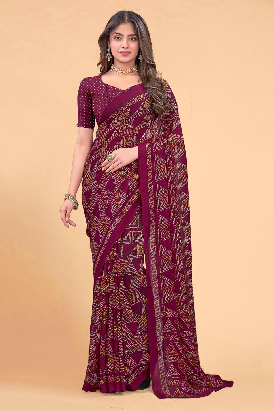 Zamuna Women Magenta Georgette Geometric Printed Saree | Elegant Party & Festive Wear Saree