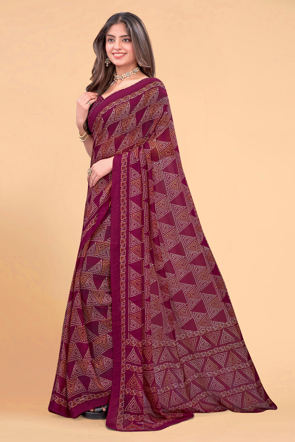 Zamuna Women Magenta Georgette Geometric Printed Saree | Elegant Party & Festive Wear Saree