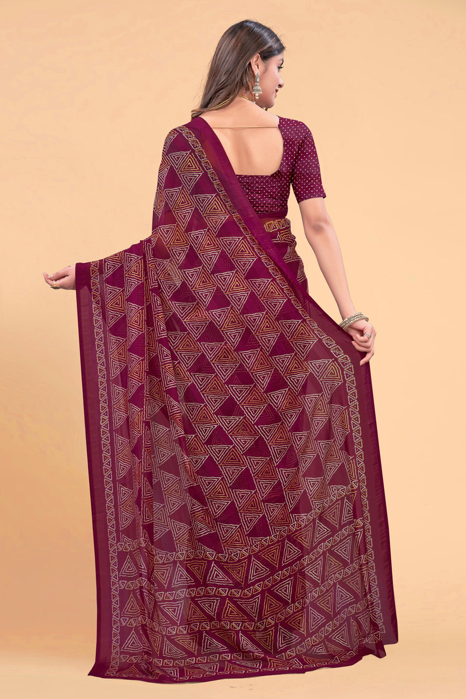 Zamuna Women Magenta Georgette Geometric Printed Saree | Elegant Party & Festive Wear Saree