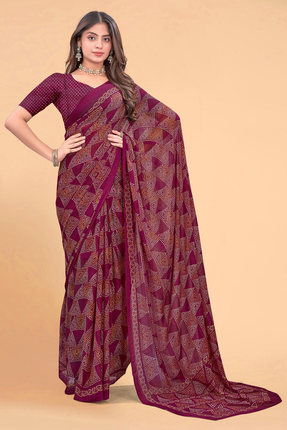 Zamuna Women Magenta Georgette Geometric Printed Saree | Elegant Party & Festive Wear Saree