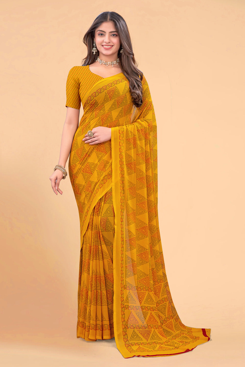 Zamuna Women Yellow Georgette Geometric Printed Saree | Bright & Elegant Party Wear Saree