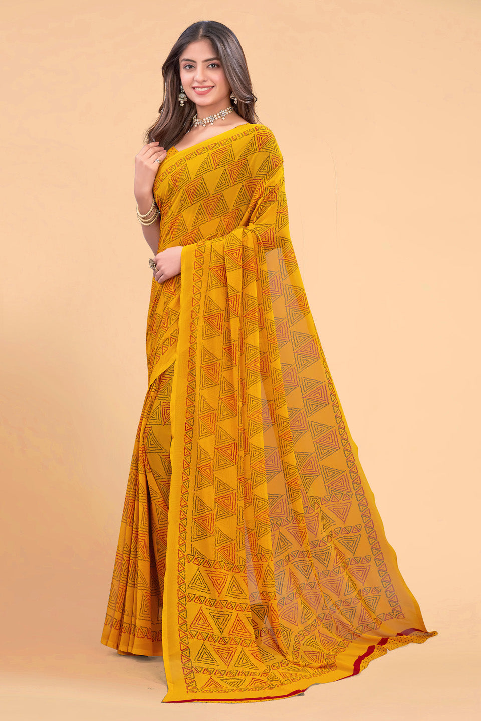Zamuna Women Yellow Georgette Geometric Printed Saree | Bright & Elegant Party Wear Saree