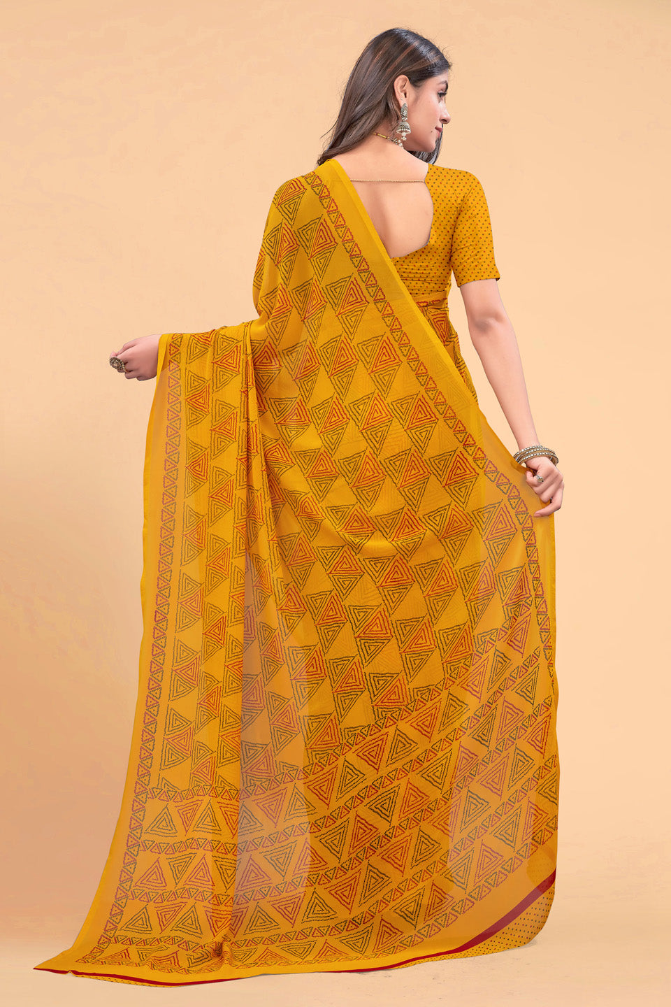 Zamuna Women Yellow Georgette Geometric Printed Saree | Bright & Elegant Party Wear Saree