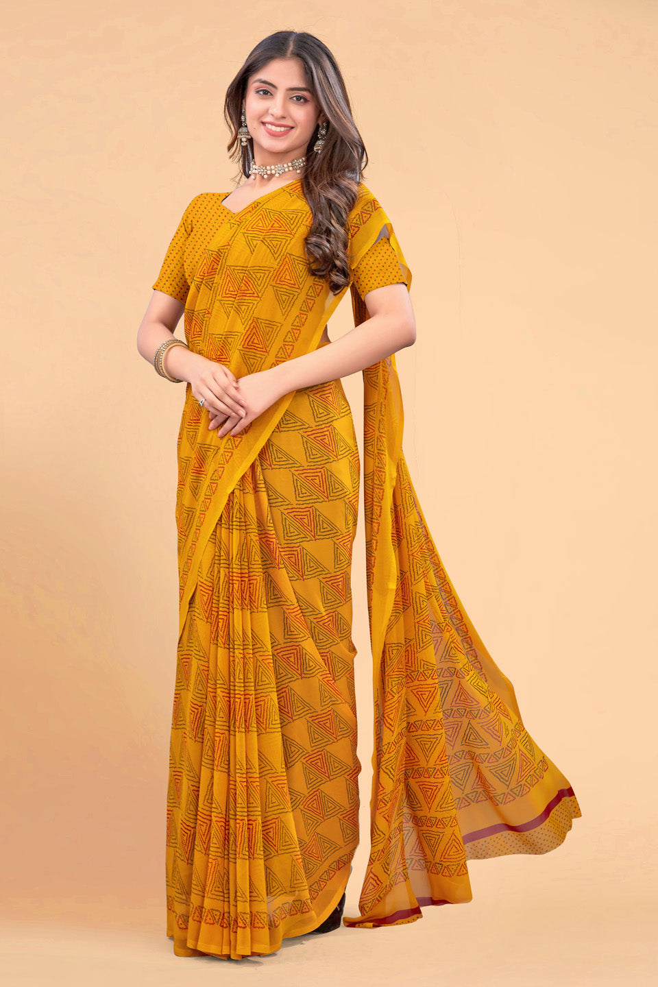 Zamuna Women Yellow Georgette Geometric Printed Saree | Bright & Elegant Party Wear Saree