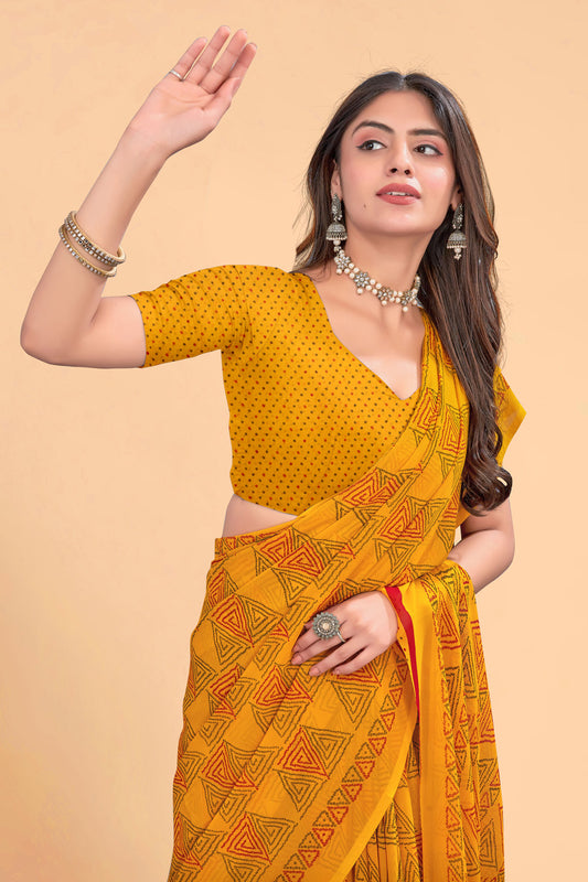 Zamuna Women Yellow Georgette Geometric Printed Saree | Bright & Elegant Party Wear Saree