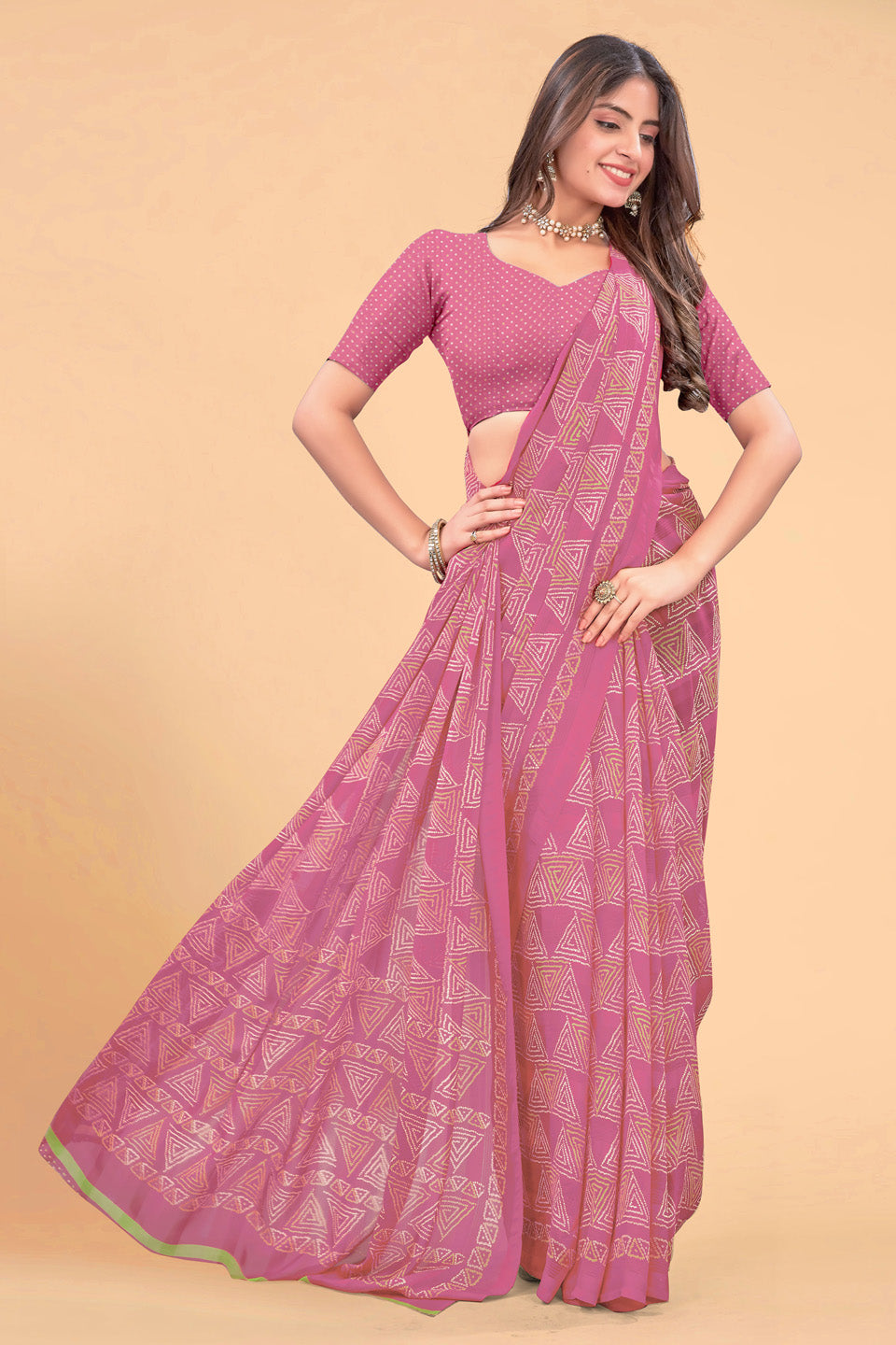 Zamuna Women Pink Georgette Geometric Printed Saree | Elegant Festive & Party Wear Saree