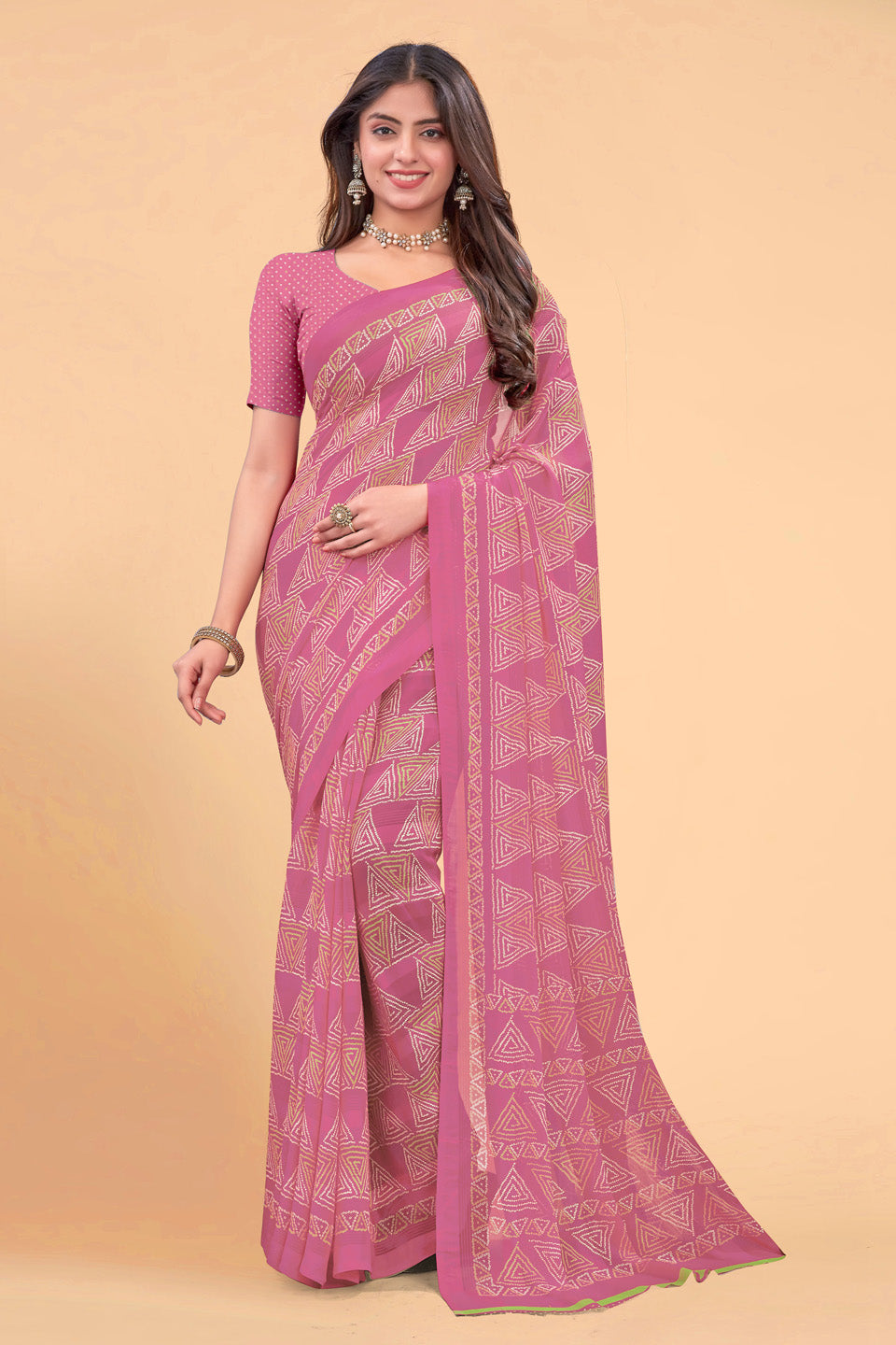 Zamuna Women Pink Georgette Geometric Printed Saree | Elegant Festive & Party Wear Saree