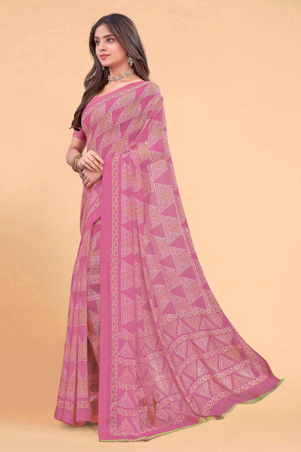 Zamuna Women Pink Georgette Geometric Printed Saree | Elegant Festive & Party Wear Saree