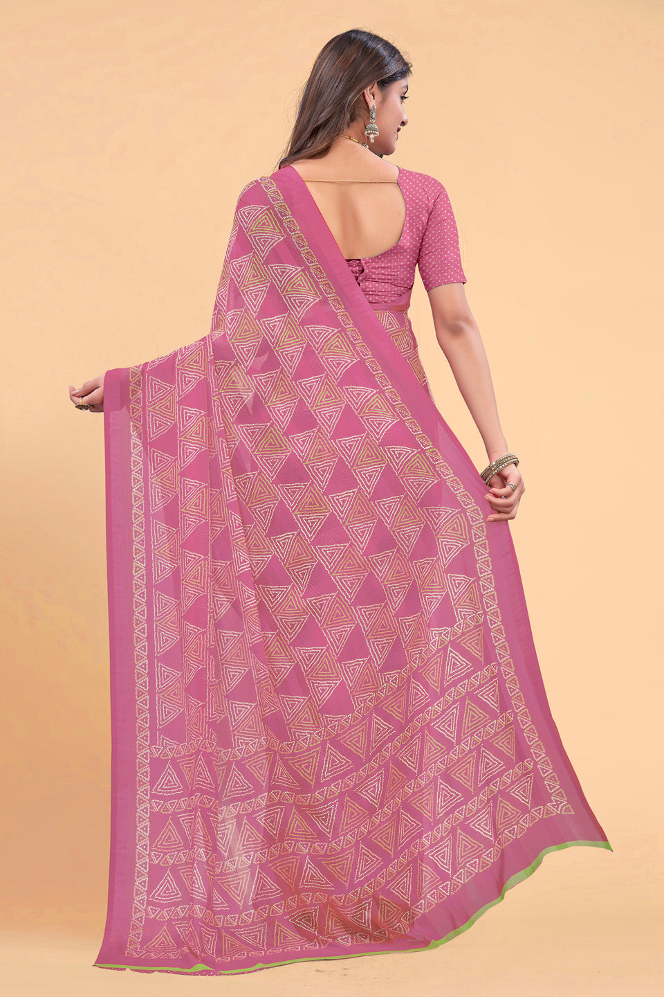 Zamuna Women Pink Georgette Geometric Printed Saree | Elegant Festive & Party Wear Saree