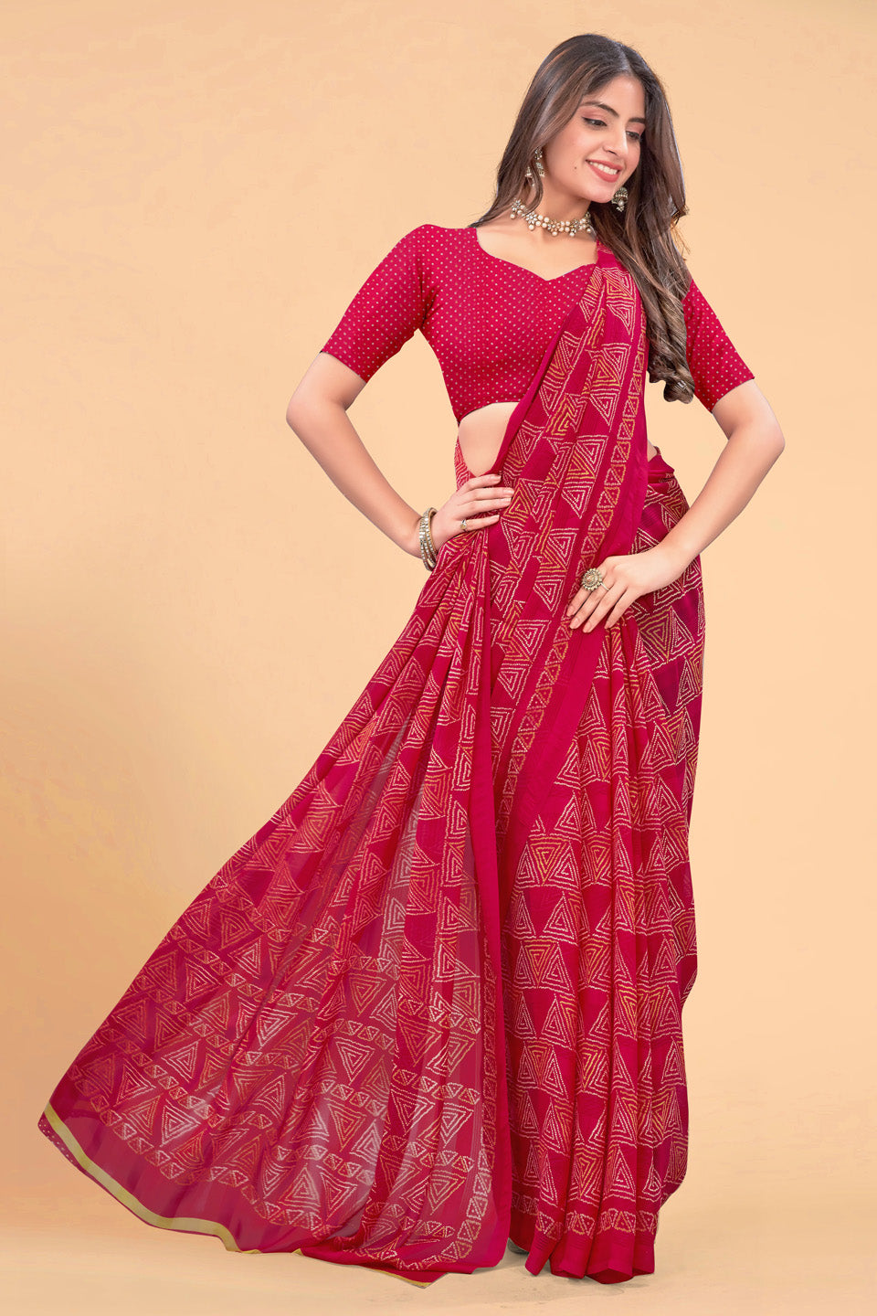 Zamuna Women Classic Red Georgette Geometric Printed Saree | Glamorous Festive & Party Wear Saree