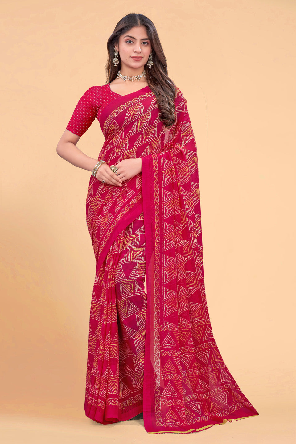 Zamuna Women Classic Red Georgette Geometric Printed Saree | Glamorous Festive & Party Wear Saree