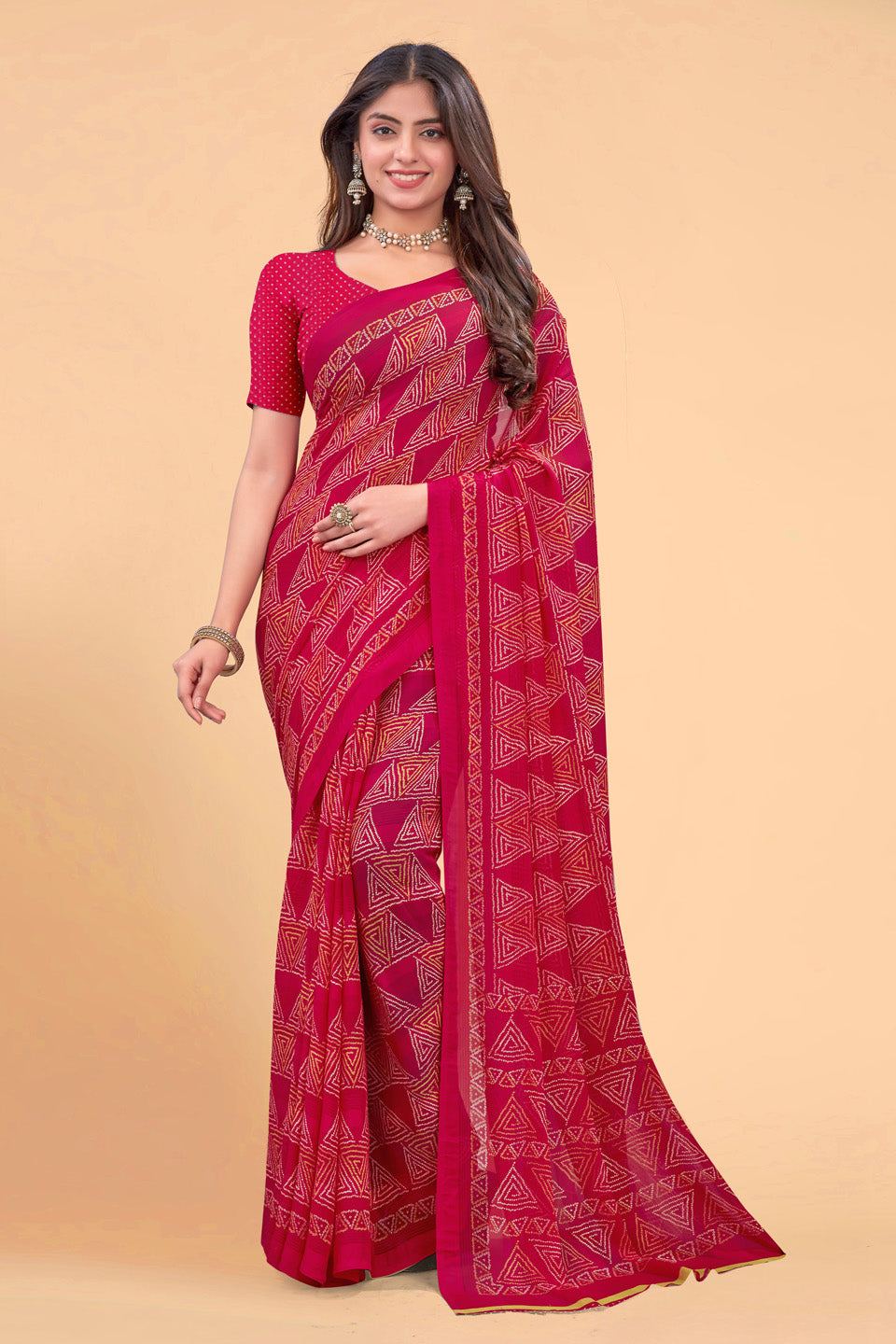 Zamuna Women Classic Red Georgette Geometric Printed Saree | Glamorous Festive & Party Wear Saree
