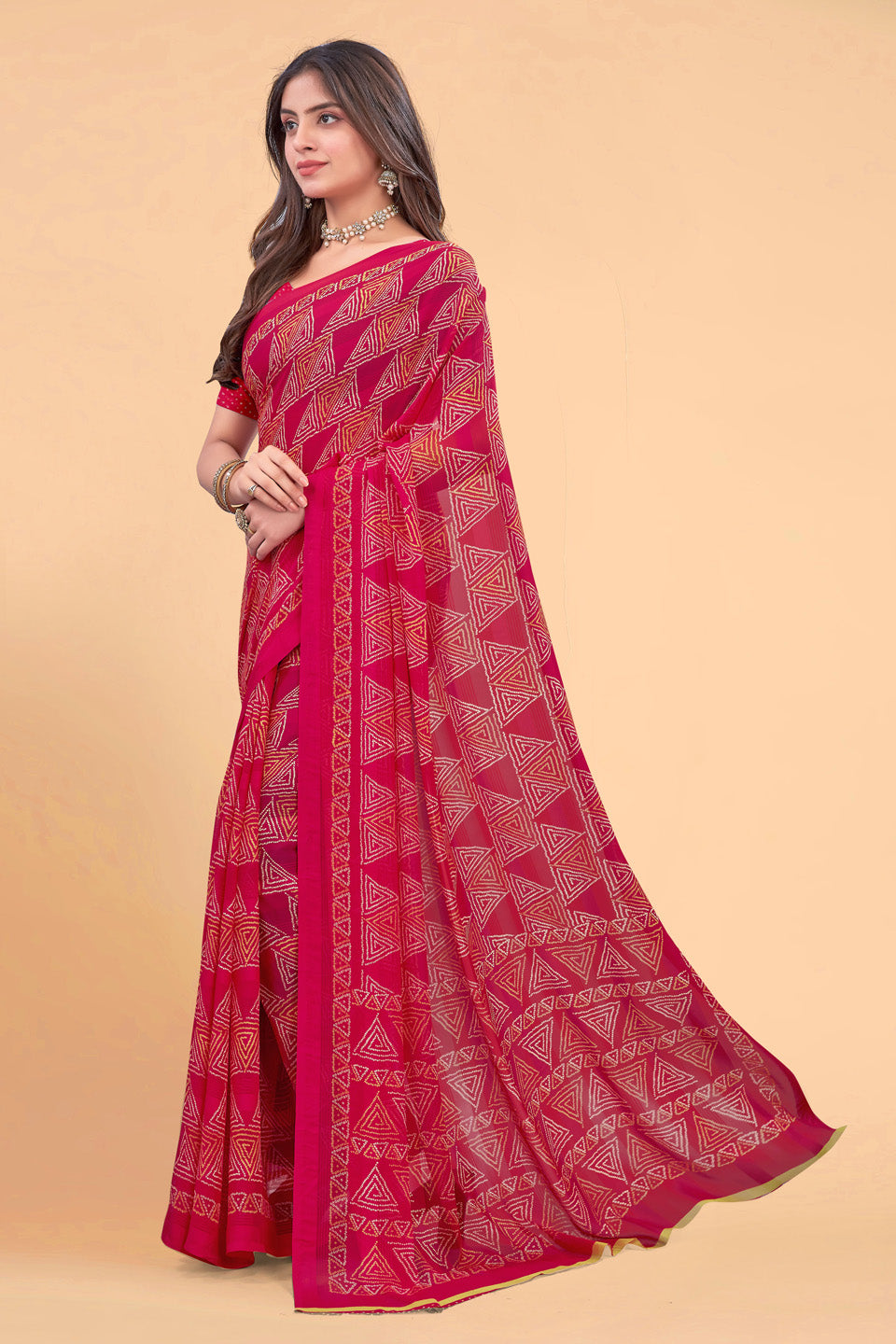 Zamuna Women Classic Red Georgette Geometric Printed Saree | Glamorous Festive & Party Wear Saree