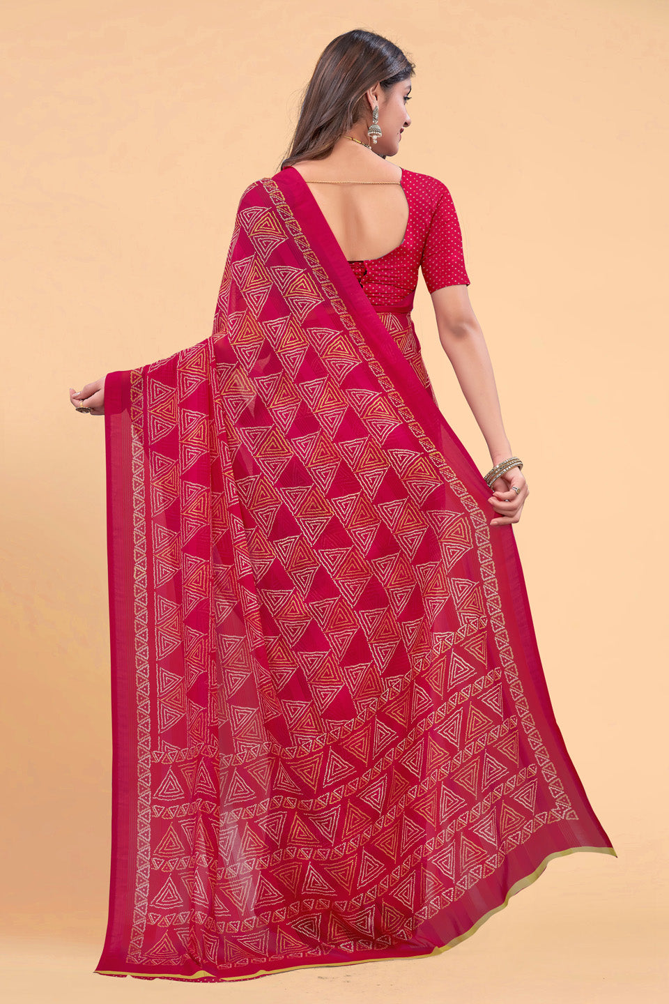 Zamuna Women Classic Red Georgette Geometric Printed Saree | Glamorous Festive & Party Wear Saree