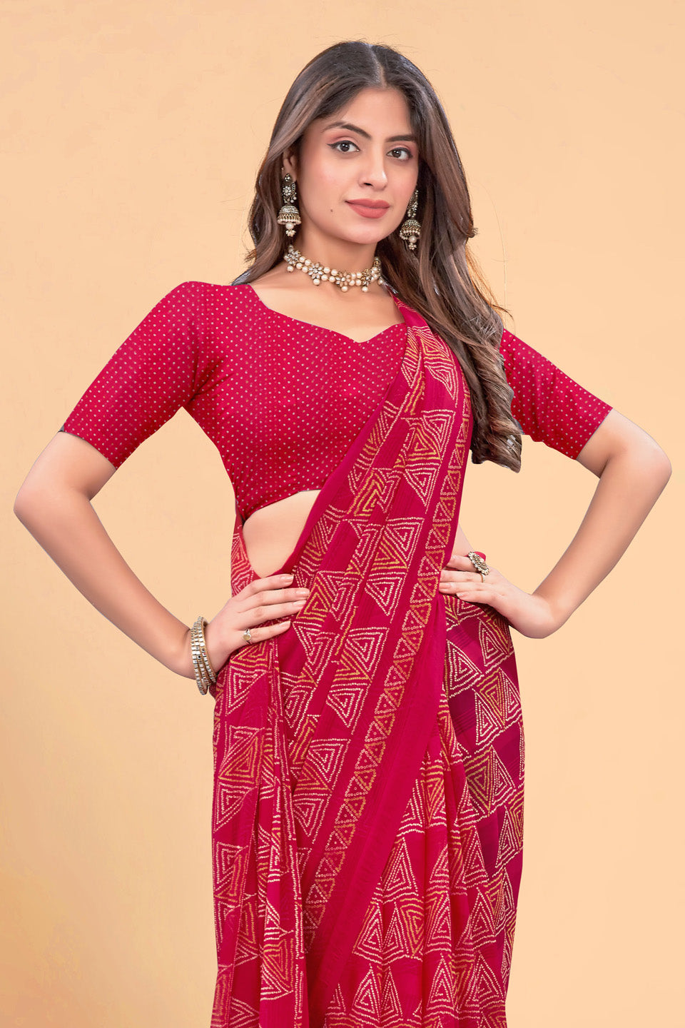 Zamuna Women Classic Red Georgette Geometric Printed Saree | Glamorous Festive & Party Wear Saree