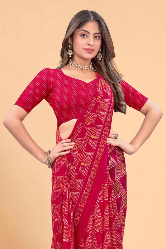 Zamuna Women Classic Red Georgette Geometric Printed Saree | Glamorous Festive & Party Wear Saree