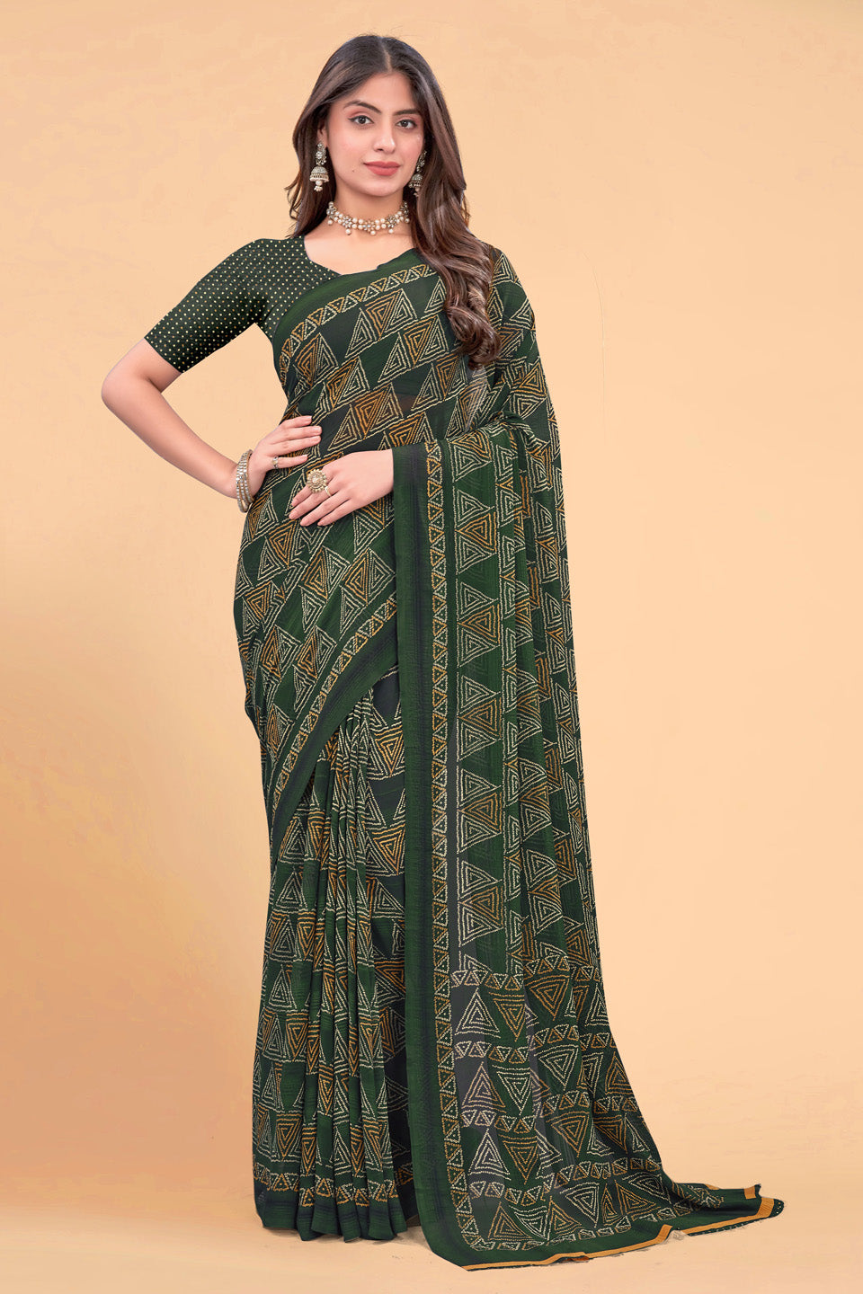 Zamuna Women Emerald Green Georgette Geometric Saree | Effortless Festive Wear