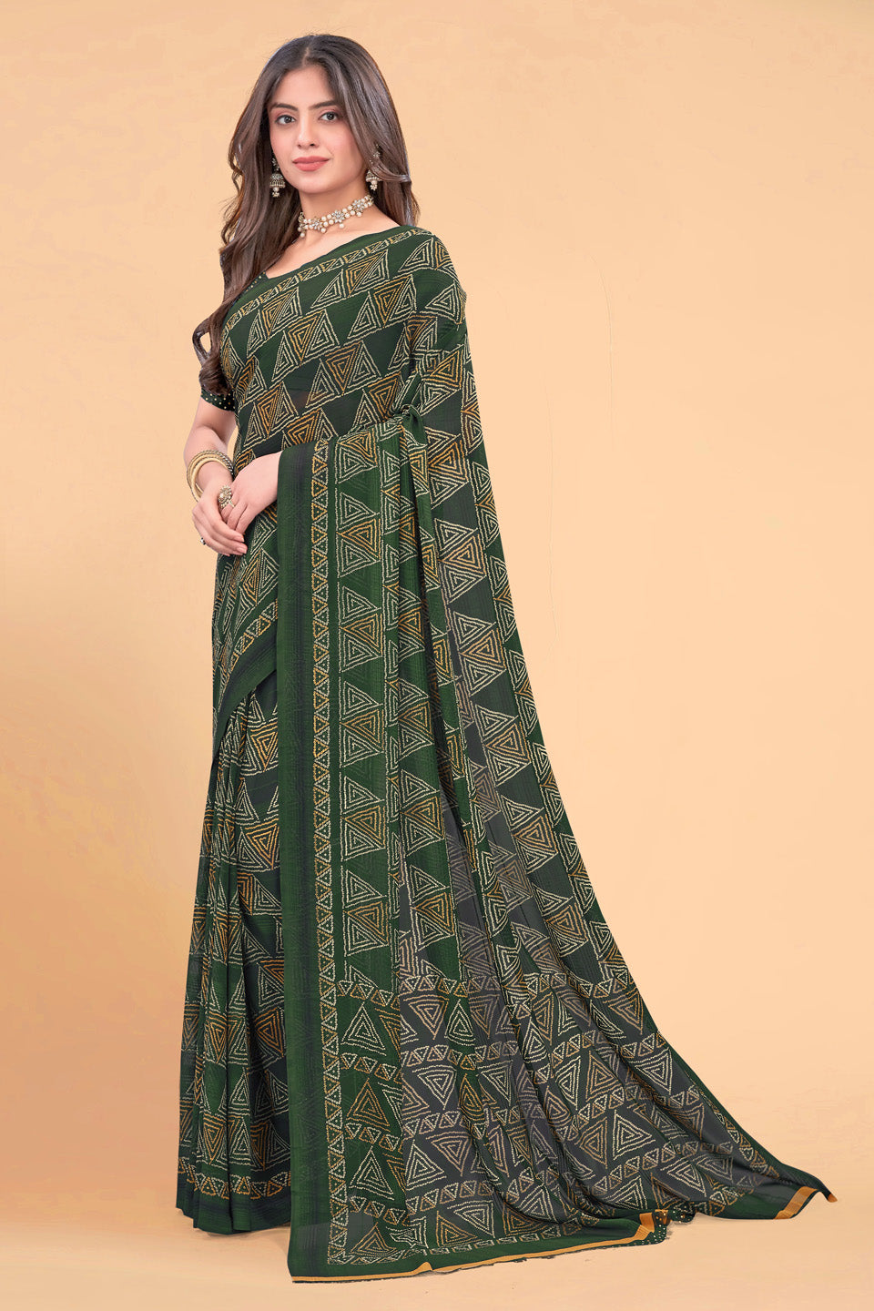 Zamuna Women Emerald Green Georgette Geometric Saree | Effortless Festive Wear