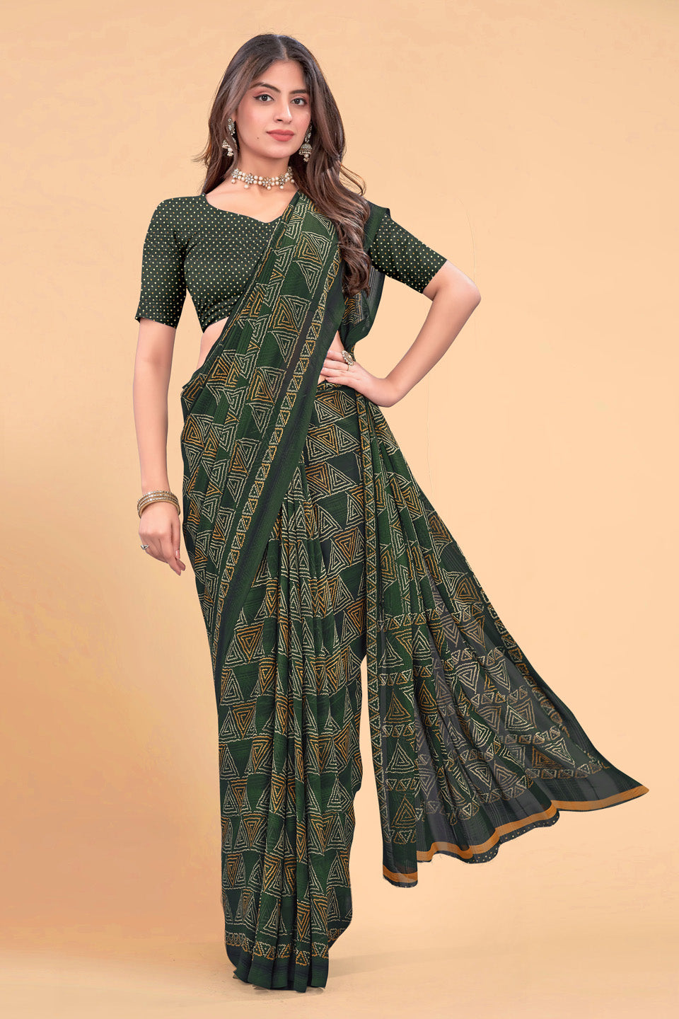 Zamuna Women Emerald Green Georgette Geometric Saree | Effortless Festive Wear