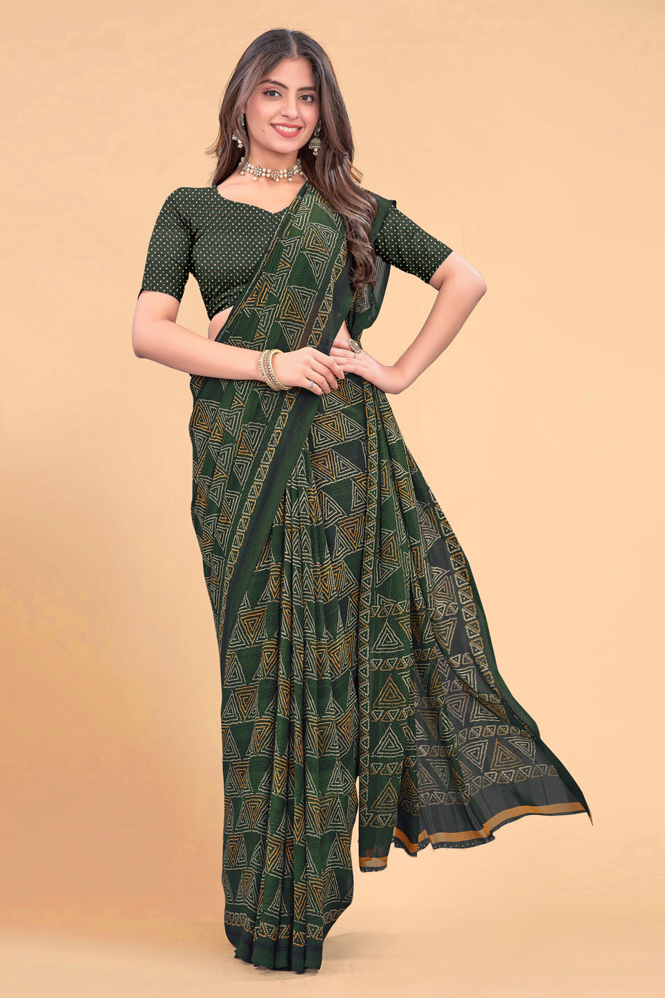 Zamuna Women Emerald Green Georgette Geometric Saree | Effortless Festive Wear