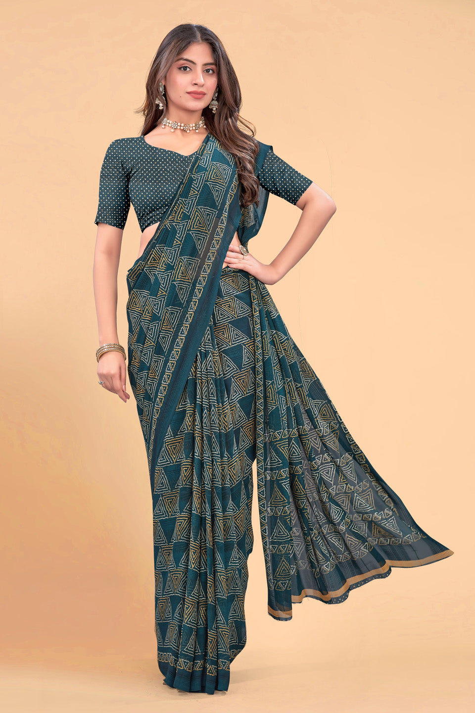 Zamuna Women Rich Teal Georgette Geometric Saree | Elegant Evening & Party Wear