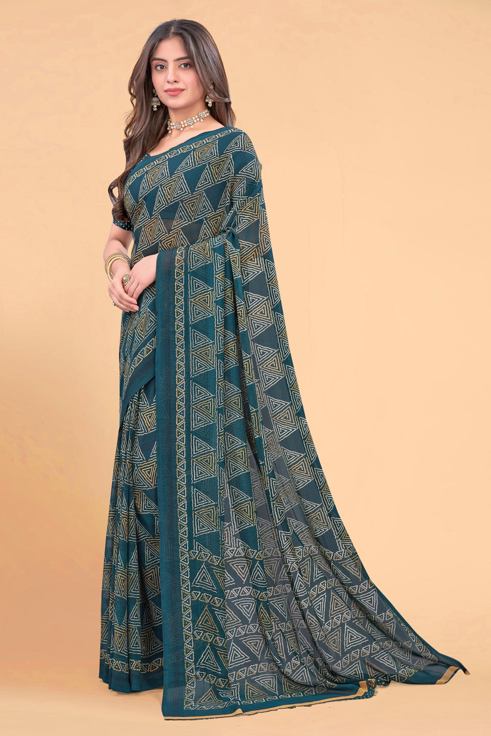 Zamuna Women Rich Teal Georgette Geometric Saree | Elegant Evening & Party Wear