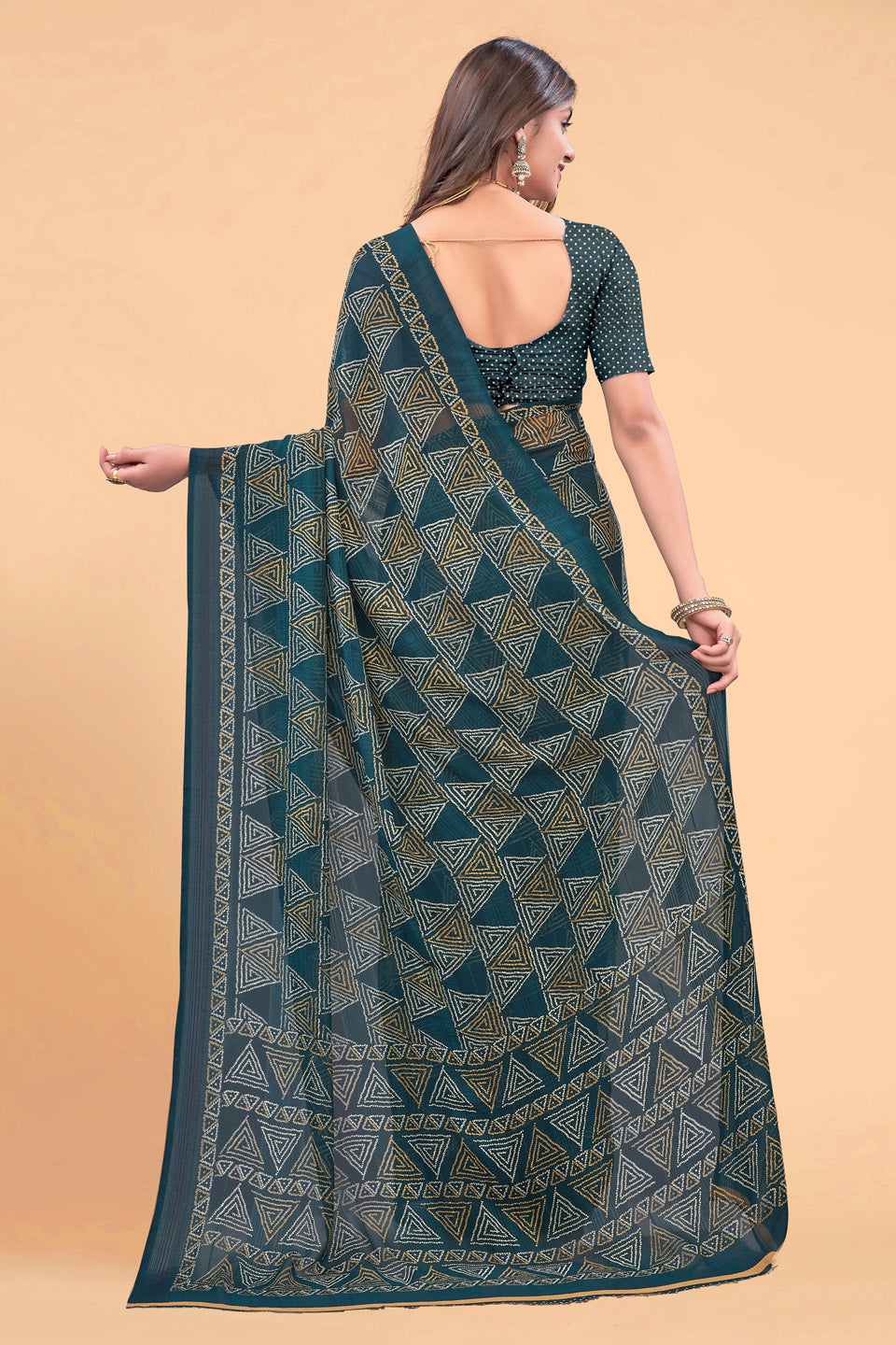 Zamuna Women Rich Teal Georgette Geometric Saree | Elegant Evening & Party Wear
