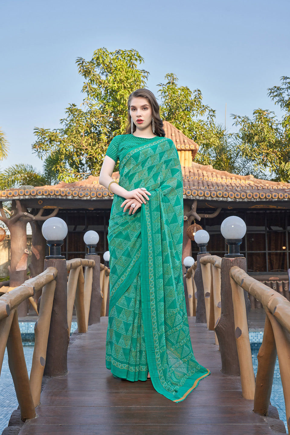 Zamuna Women Pastel Light Green Georgette Geometric Saree | Fresh Daytime Festive Wear