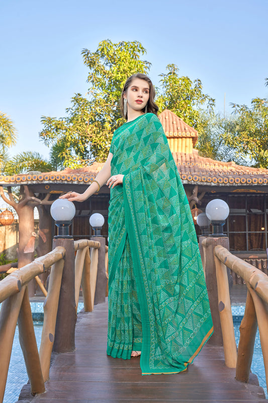 Zamuna Women Pastel Light Green Georgette Geometric Saree | Fresh Daytime Festive Wear