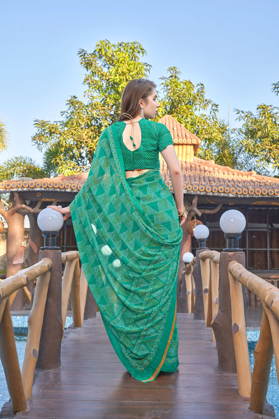 Zamuna Women Pastel Light Green Georgette Geometric Saree | Fresh Daytime Festive Wear