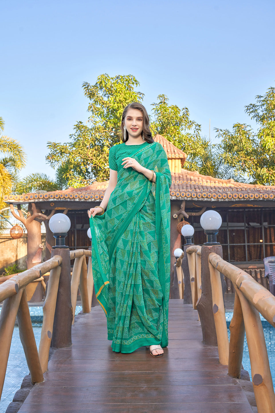 Zamuna Women Pastel Light Green Georgette Geometric Saree | Fresh Daytime Festive Wear