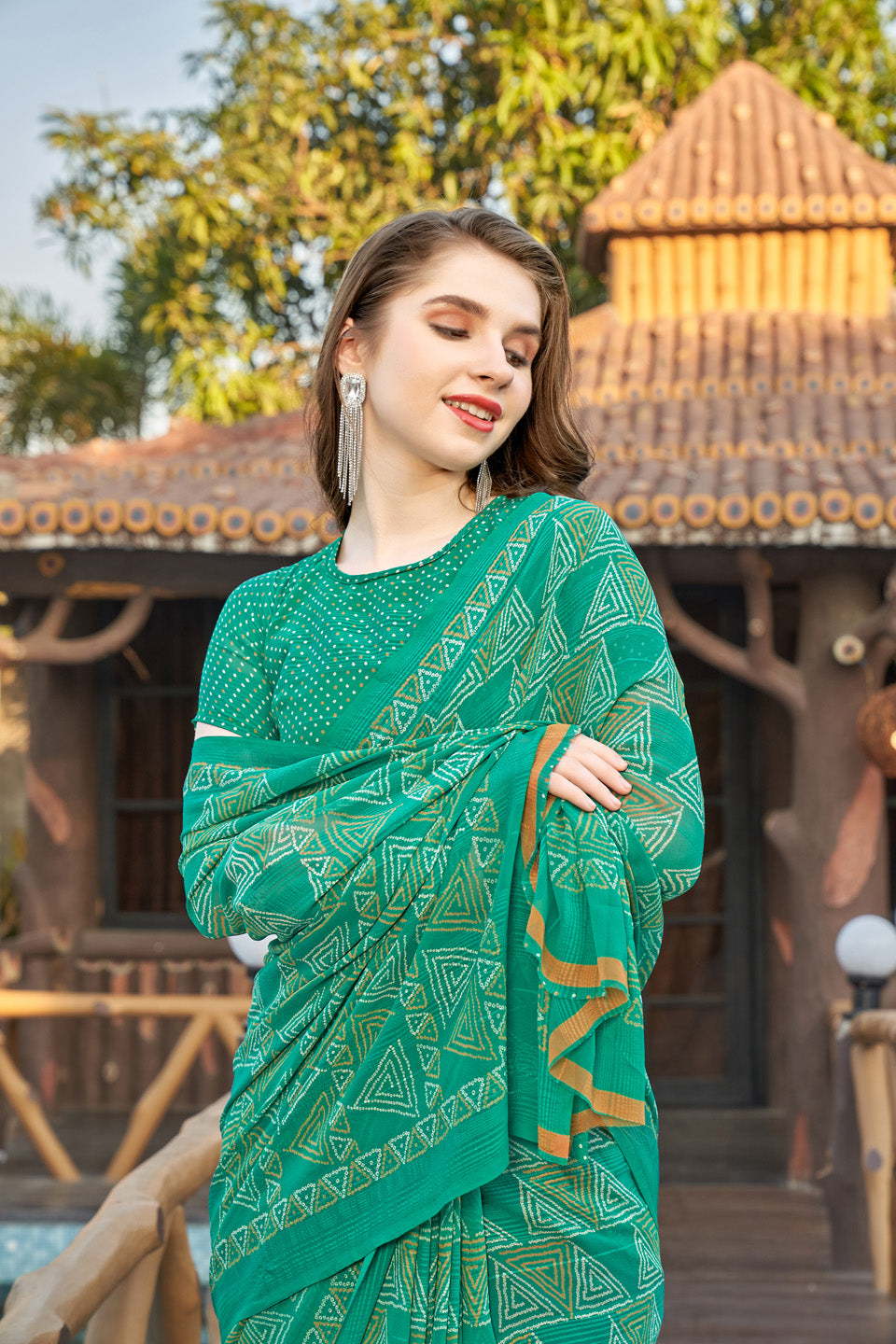 Zamuna Women Pastel Light Green Georgette Geometric Saree | Fresh Daytime Festive Wear