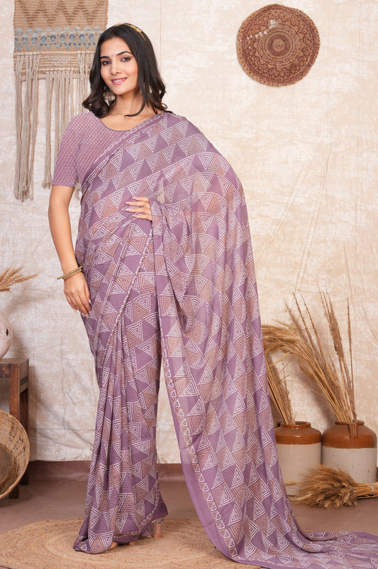 Zamuna Women Soft Lavender Georgette Geometric Saree | Subtle Pastel Party Wear