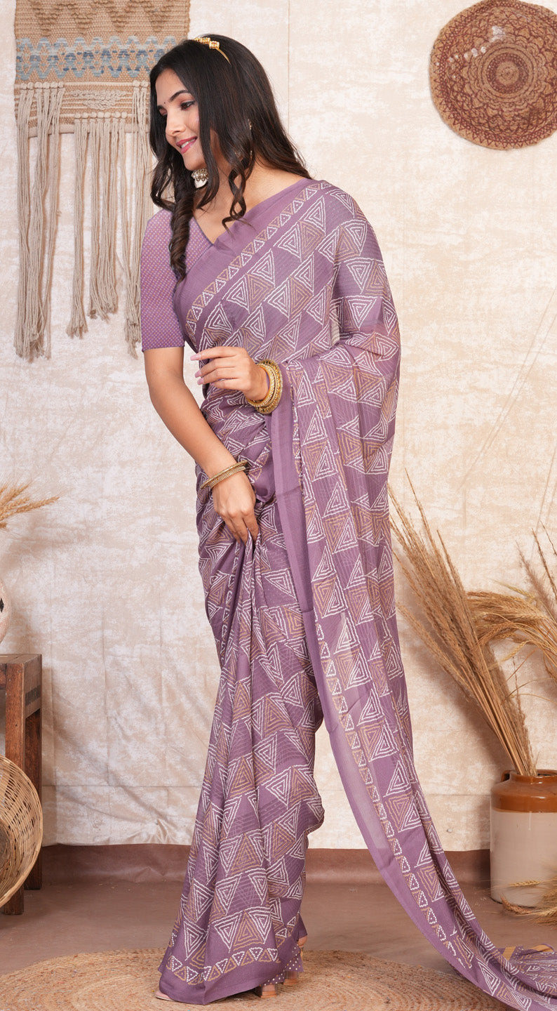 Zamuna Women Soft Lavender Georgette Geometric Saree | Subtle Pastel Party Wear