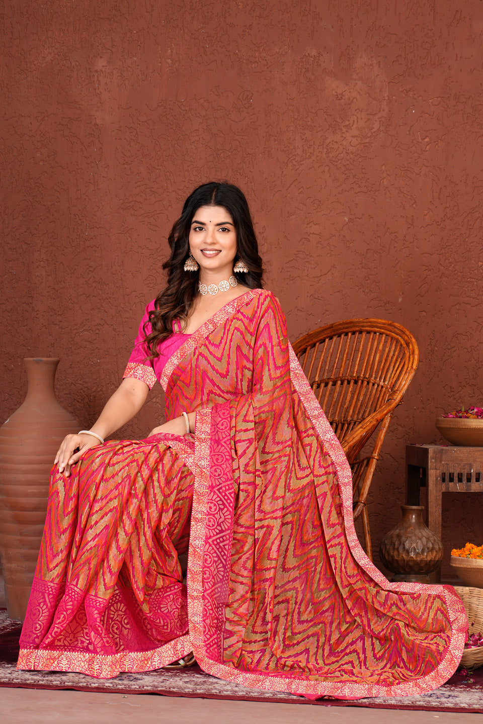 Zamuna Women Classic Red Georgette Geometric Saree | Dazzling Party & Festive Wear