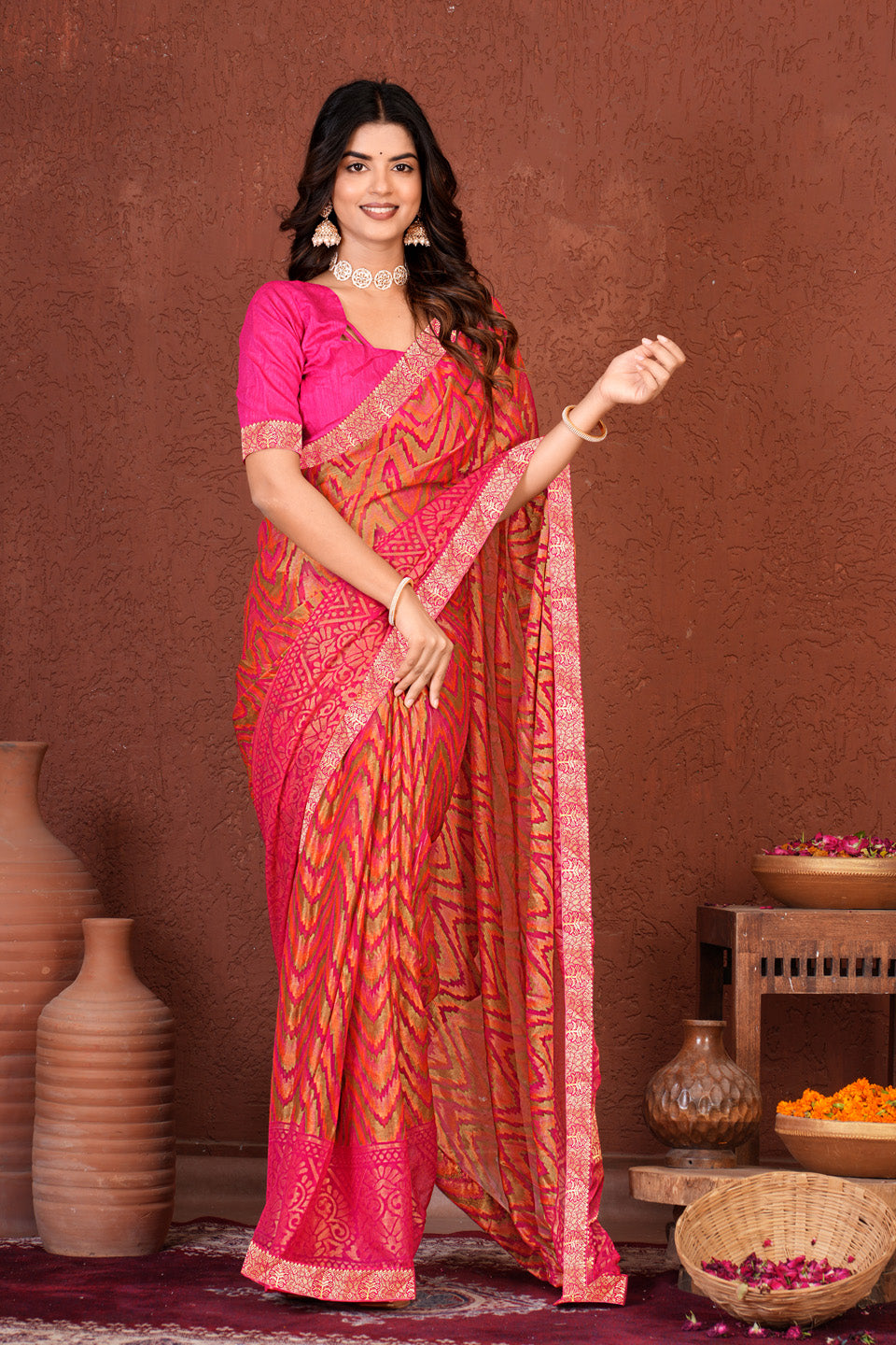 Zamuna Women Classic Red Georgette Geometric Saree | Dazzling Party & Festive Wear
