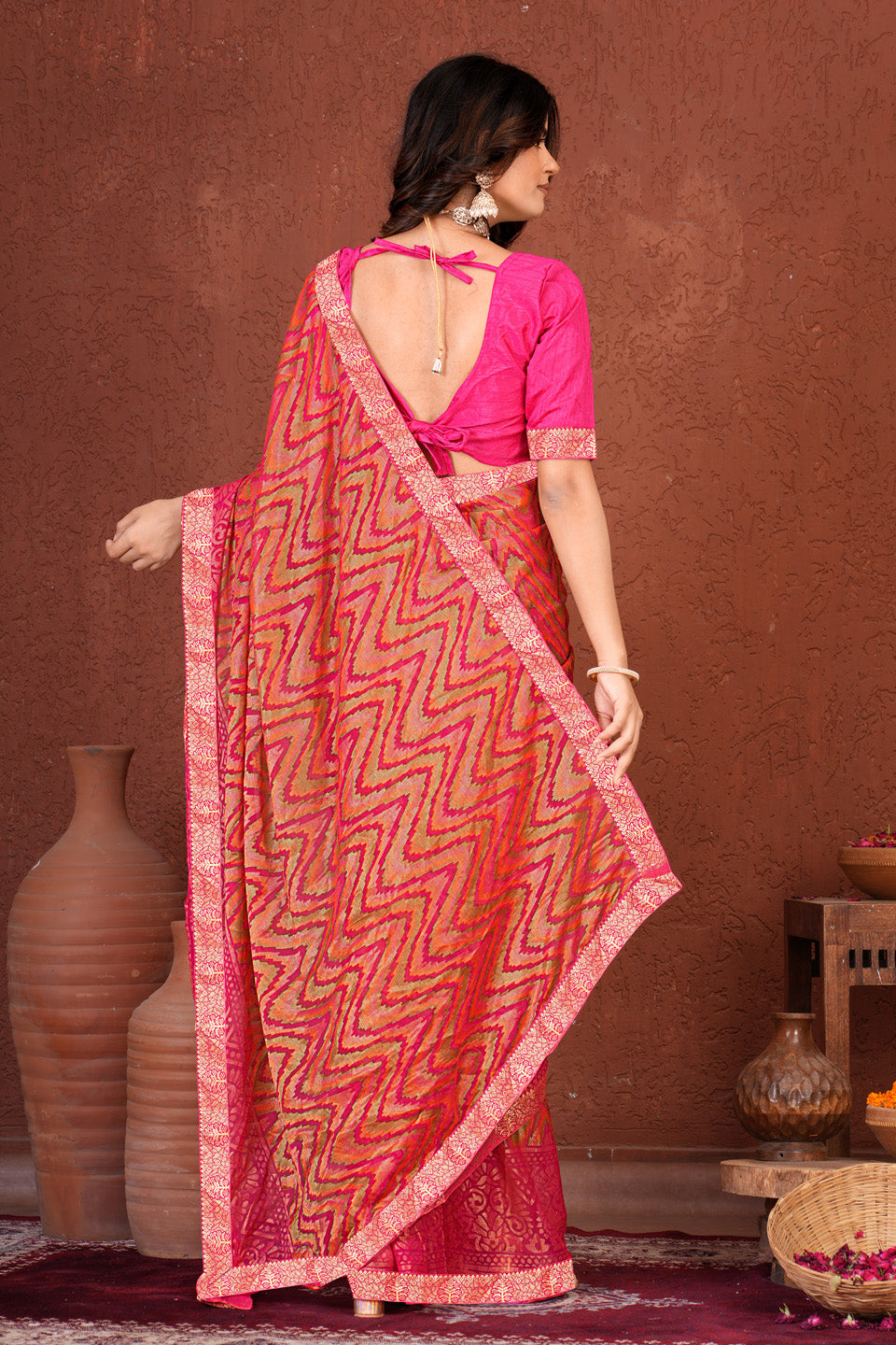 Zamuna Women Classic Red Georgette Geometric Saree | Dazzling Party & Festive Wear