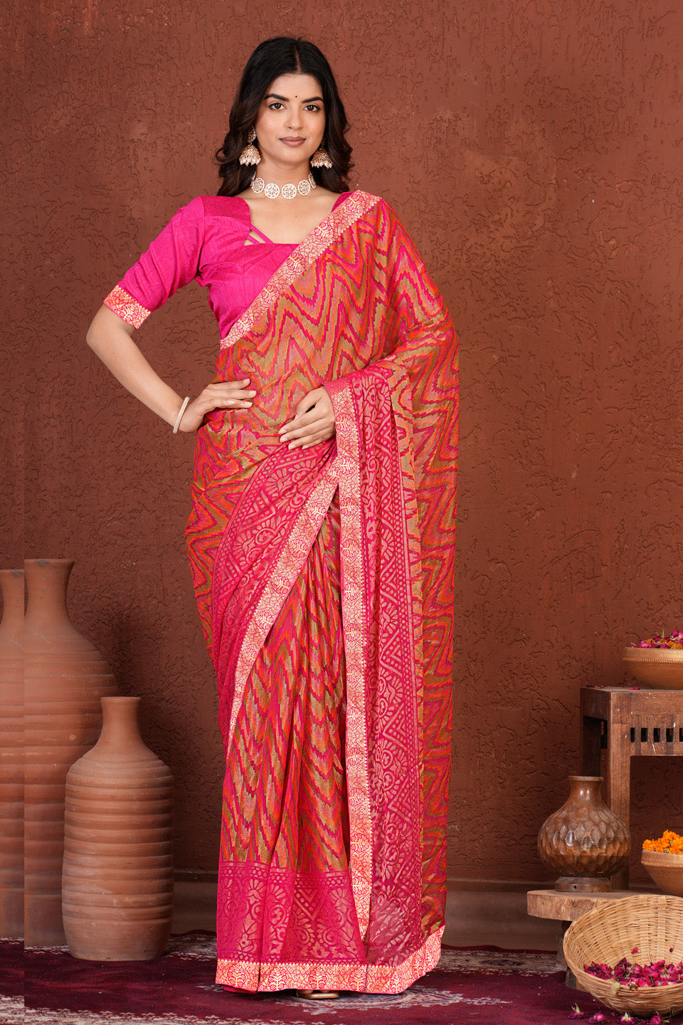 Zamuna Women Classic Red Georgette Geometric Saree | Dazzling Party & Festive Wear