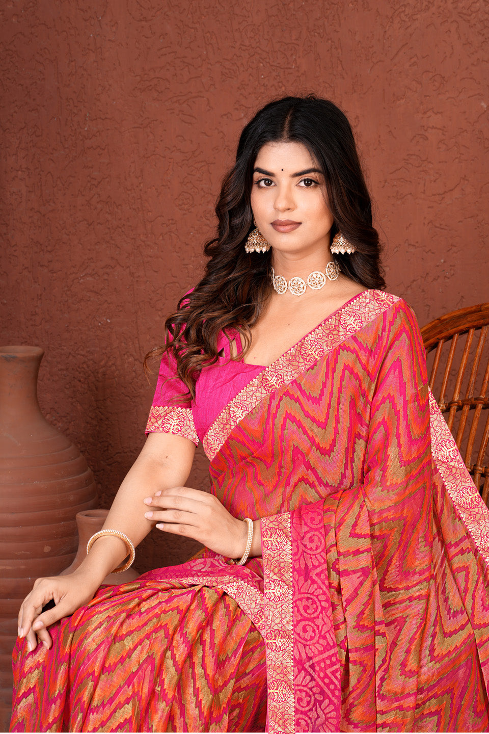 Zamuna Women Classic Red Georgette Geometric Saree | Dazzling Party & Festive Wear