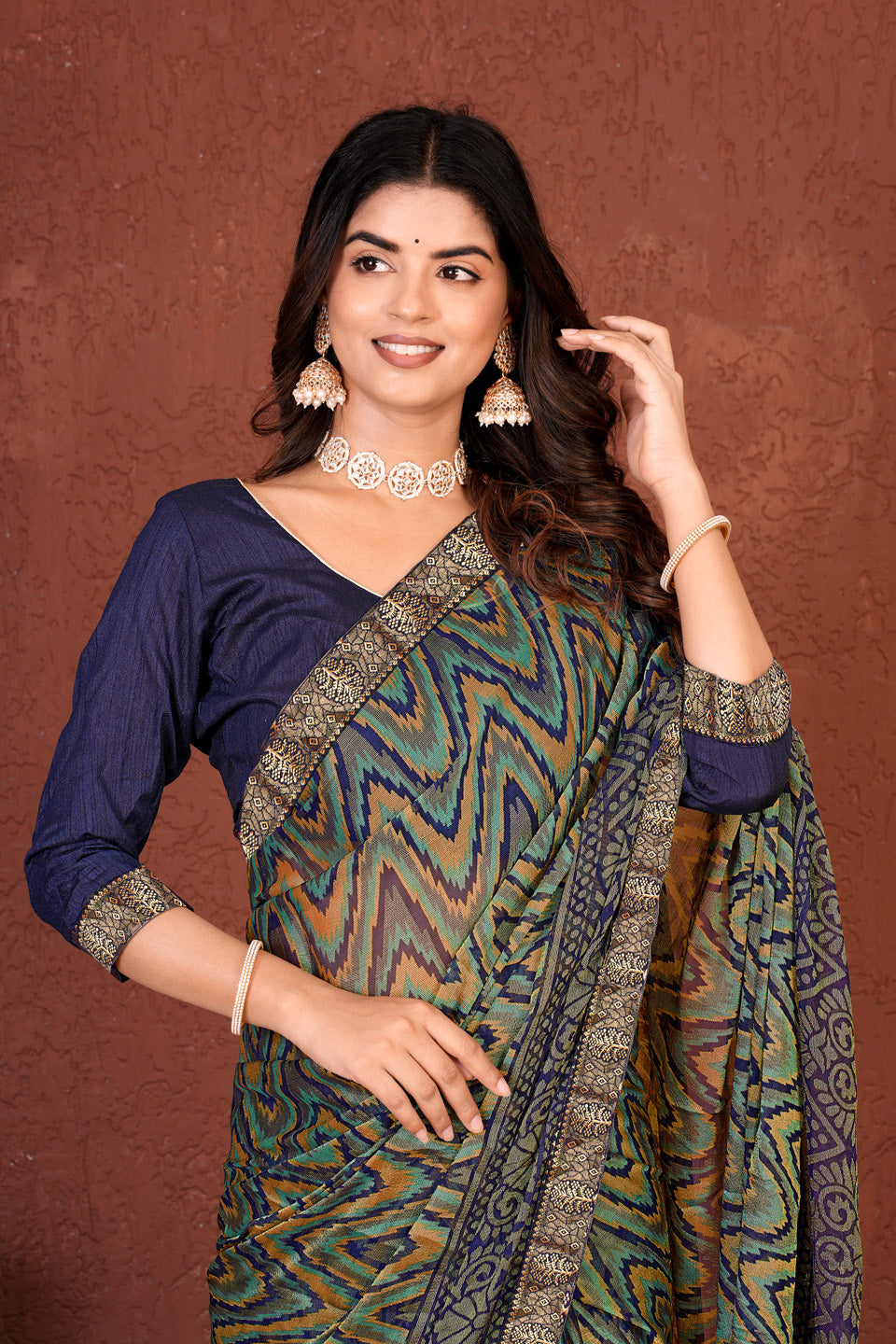 Zamuna Women Emerald Green Georgette Geometric Saree | Effortless Festive Wear