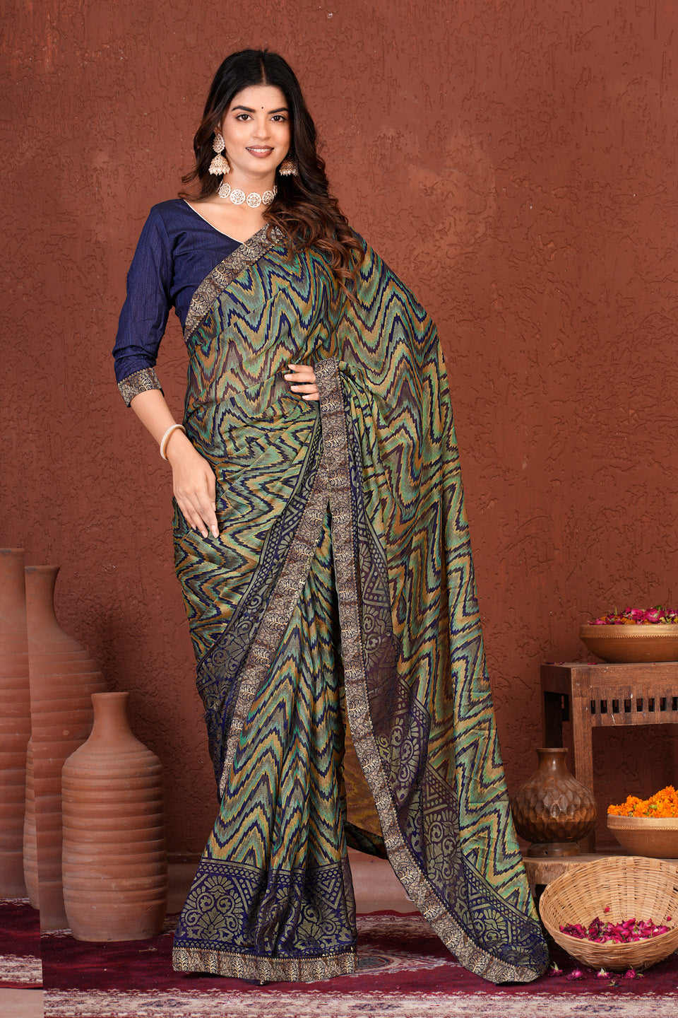 Zamuna Women Emerald Green Georgette Geometric Saree | Effortless Festive Wear