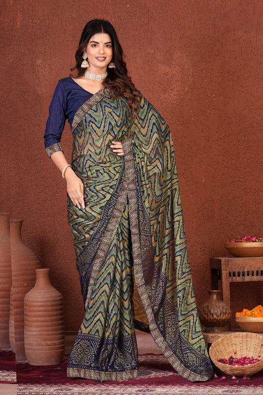 Zamuna Women Emerald Green Georgette Geometric Saree | Effortless Festive Wear