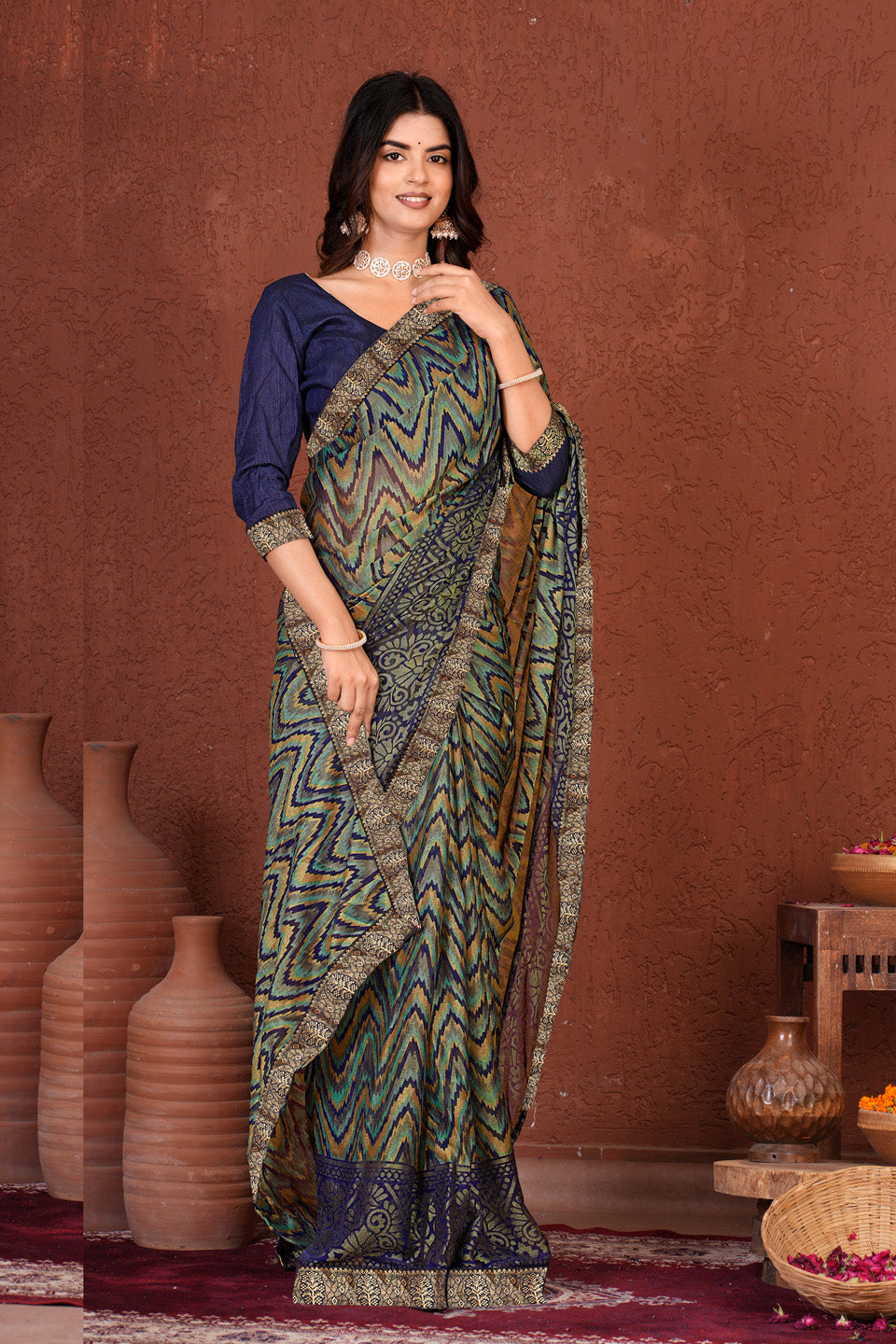 Zamuna Women Emerald Green Georgette Geometric Saree | Effortless Festive Wear