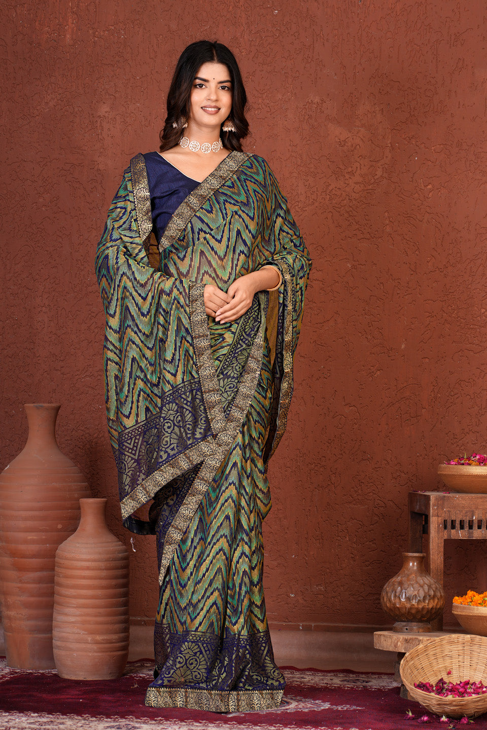 Zamuna Women Emerald Green Georgette Geometric Saree | Effortless Festive Wear