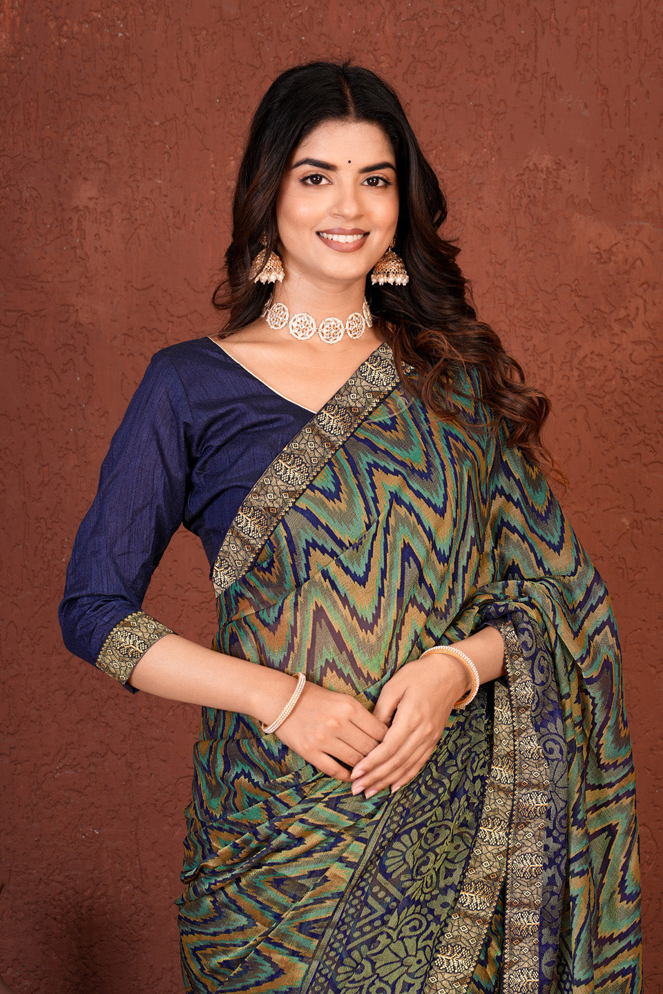 Zamuna Women Emerald Green Georgette Geometric Saree | Effortless Festive Wear