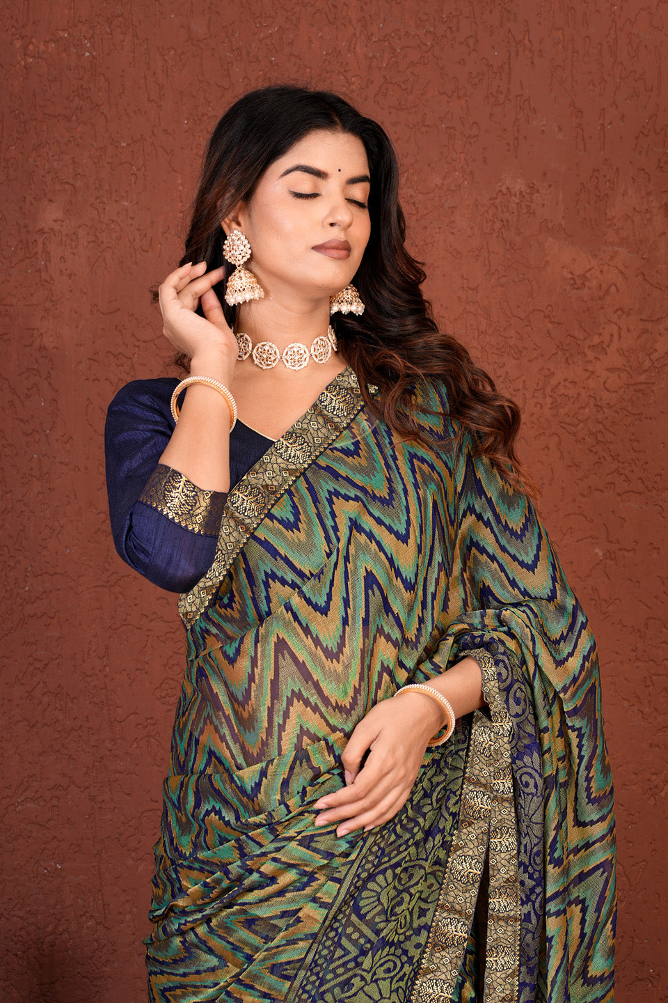 Zamuna Women Emerald Green Georgette Geometric Saree | Effortless Festive Wear