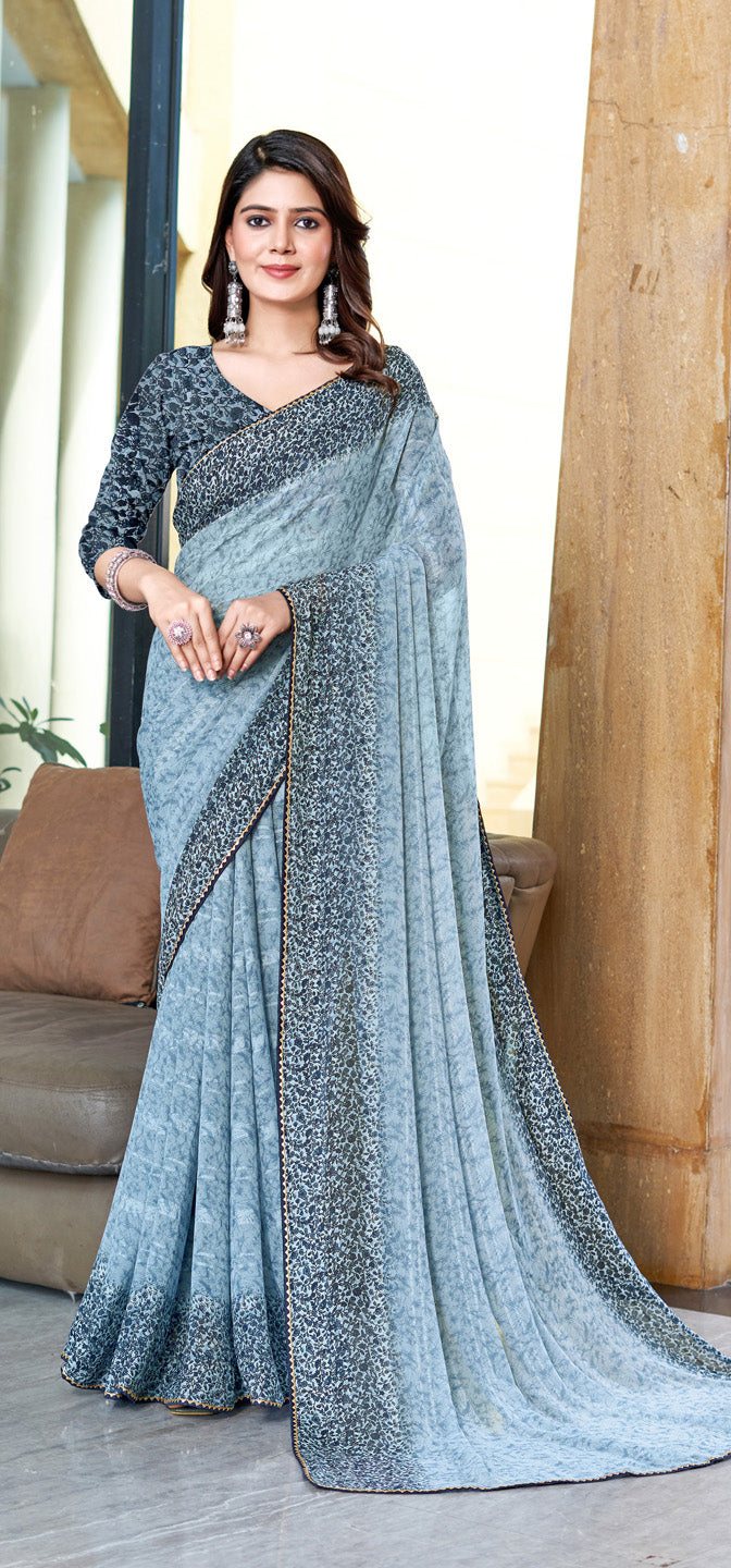 Zamuna Women Light Blue Georgette Geometric Printed Saree – Modern Grace in Soothing Hues