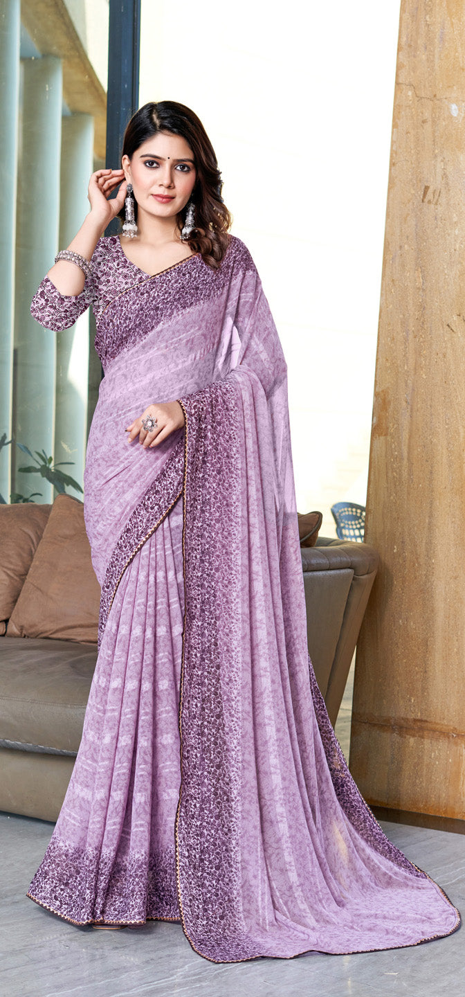 Zamuna Women Lavender Georgette Geometric Printed Saree – Modern Sophistication in Soothing Lavender