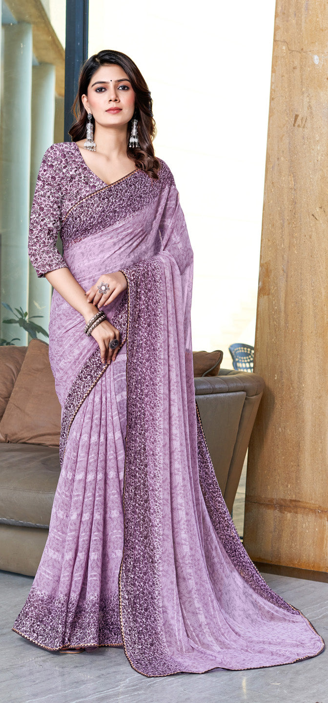 Zamuna Women Lavender Georgette Geometric Printed Saree – Modern Sophistication in Soothing Lavender