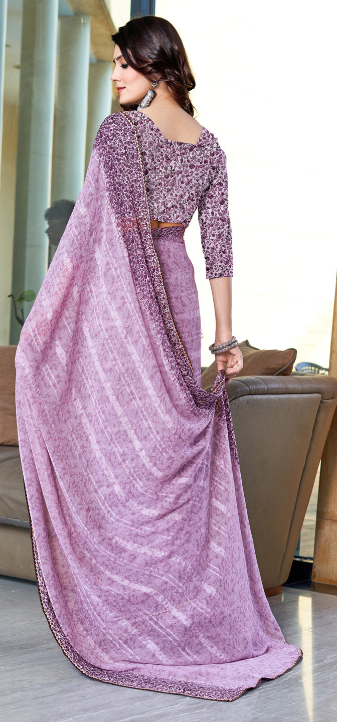 Zamuna Women Lavender Georgette Geometric Printed Saree – Modern Sophistication in Soothing Lavender
